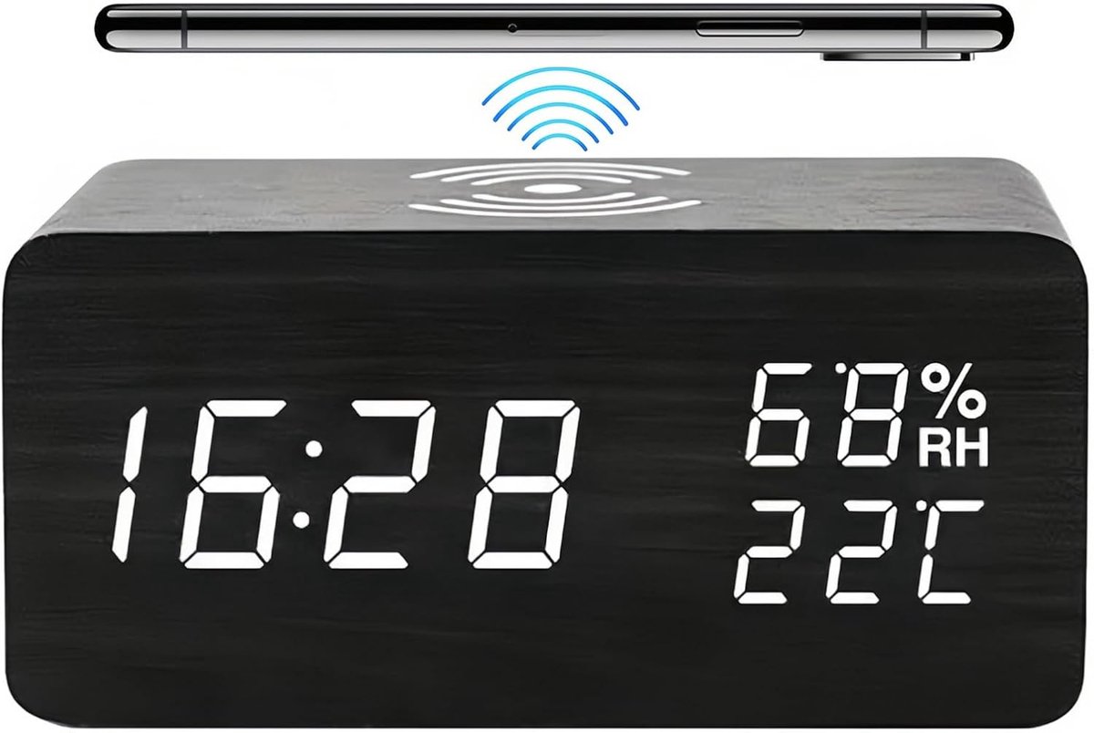 Houten Digitaal Wekkerhorloge - Draadloos Oplaadbare Wekkerklok - LED Draadloos Opladen en Temperatuur Vochtigheid Weergave - Dimbare Helderheid en Geluidsbediening - Geschikt voor Slaapkamer Kantoor en als Cadeau - Zwart