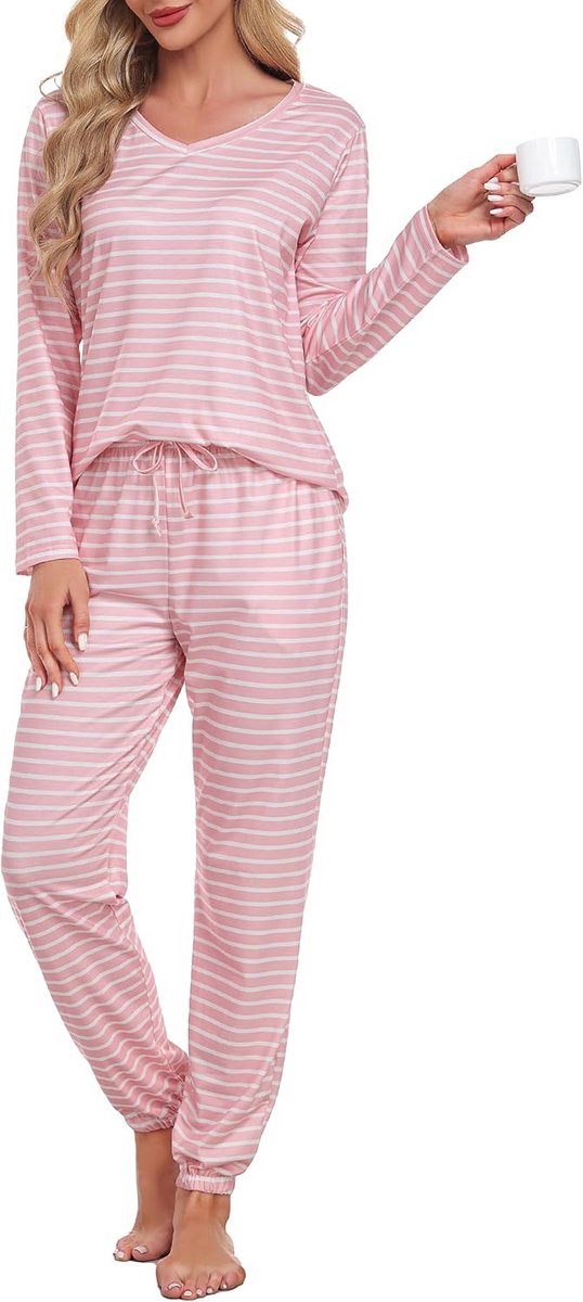 Lange Katoenen Pyjama Dames Gestreept - Warme Tweedele Pyjamaset met Lange Mouwen
