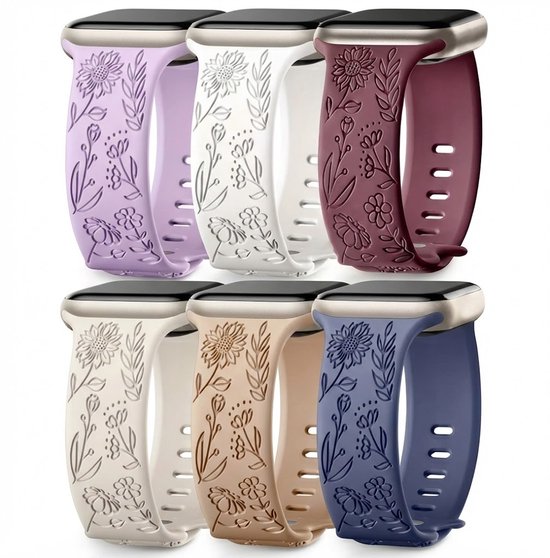 Set van 6 smartwatch bandjes in verschillende kleuren: paars, wit, bordeauxrood, crème, bruin en blauw, met bloemen reliëf.
