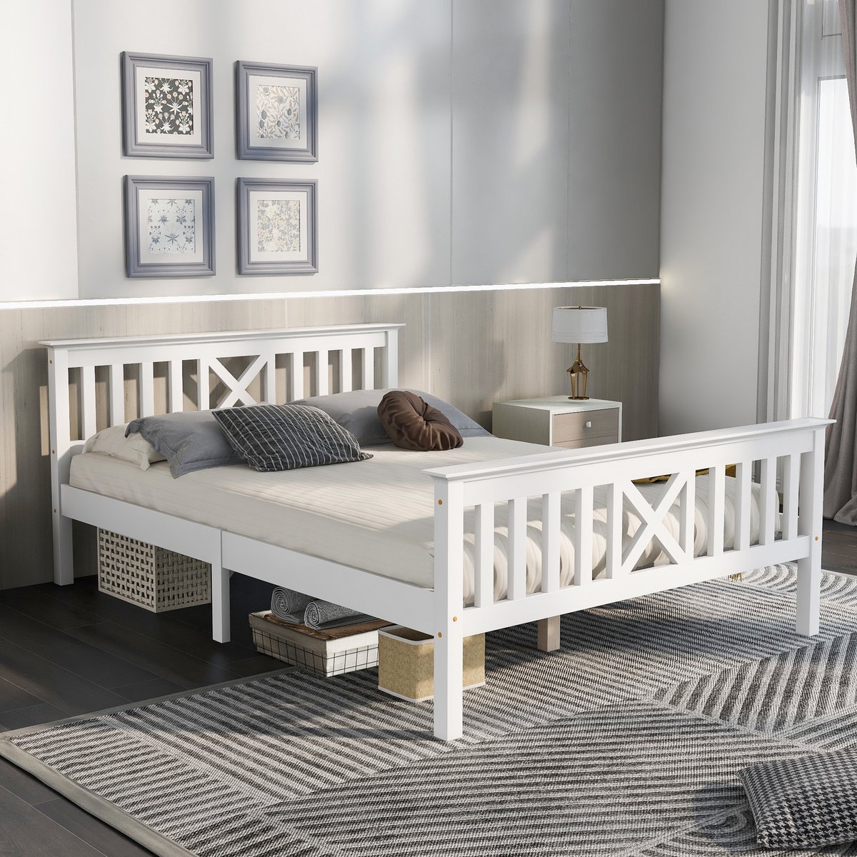 REDOM Bedframe 140x200 cm – Houten Bed Met Opbergruimte En X-Hoofdbord – Inclusief Lattenbodem – Voor Slaapkamer – Massief Grenenhout/MDF – Wit