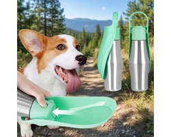 Honden Waterfles 750 ml van RVS – Opvouwbare Drinkfles met Drinkbak, Eénhandsbediening, Draagbaar voor Wandelen en Reizen