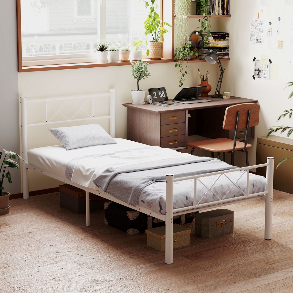 REDOM Bedframe 90x200 cm van staal – Met lattenbodem, hoog hoofdbord en opbergruimte onder bed – Wit