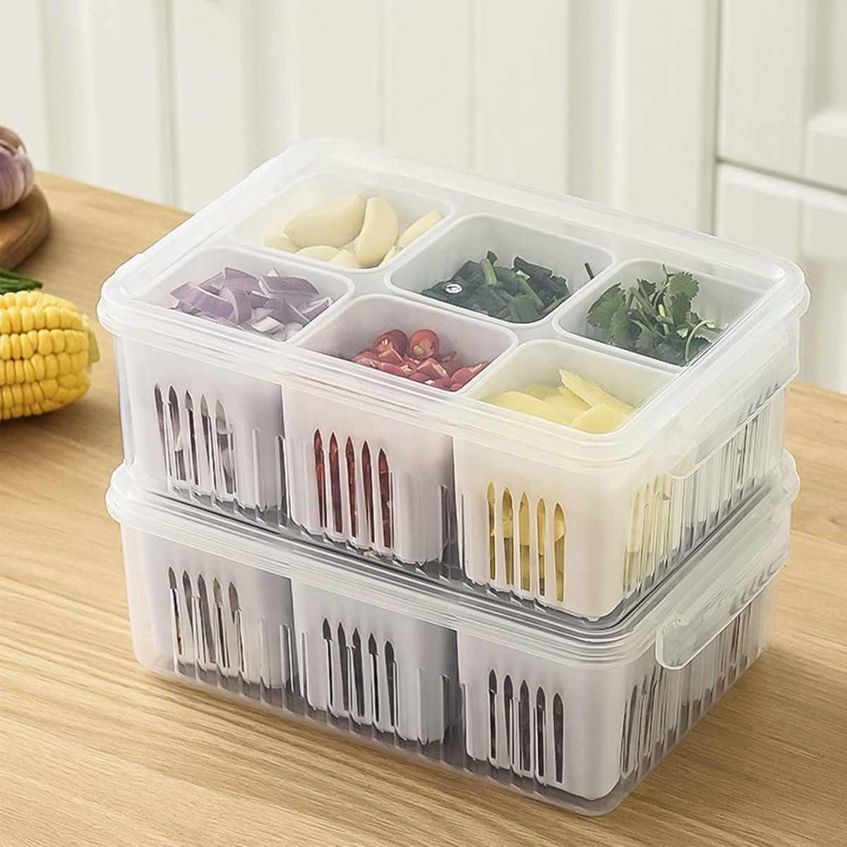 De tweedelige set bestaat uit een afgedekte groentebewaarbak, een snackbak, een bewaarbak voor gekookt voedsel, een luchtdichte bewaarbak voor in de koelkast, een bewaarbak voor levensmiddelen en een bewaarbak voor fruit.