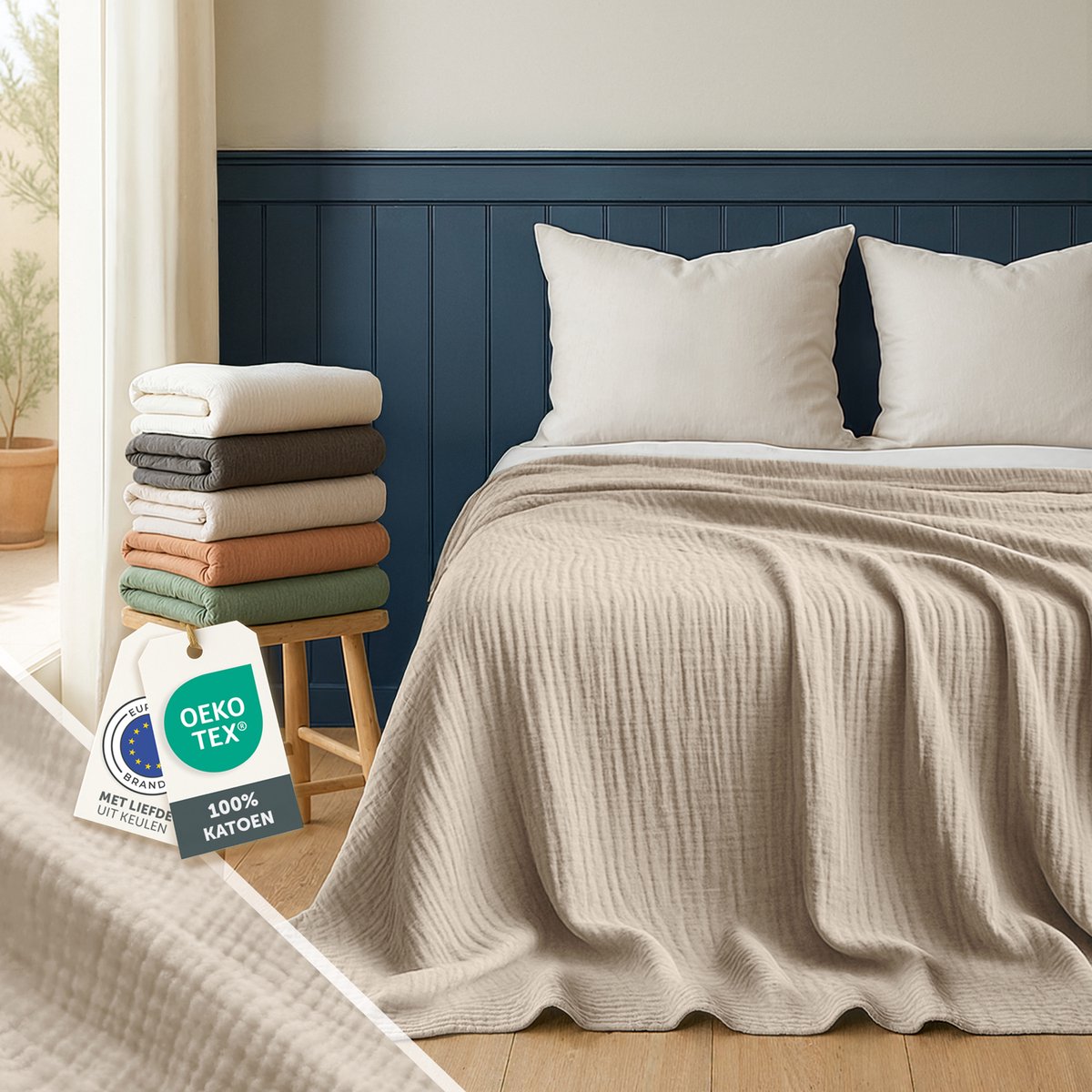 Blumtal Bedsprei Katoen Mousseline - OEKO-Tex gecertificeerd - Lichtgewicht sprei - 150 x 200 cm - Beige — cadeau in Wonen & Interieur - foto 7