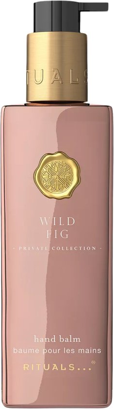 Roze handbalsemfles met gouden pompdispenser, met 'Wild Fig' en 'hand balm' erop.