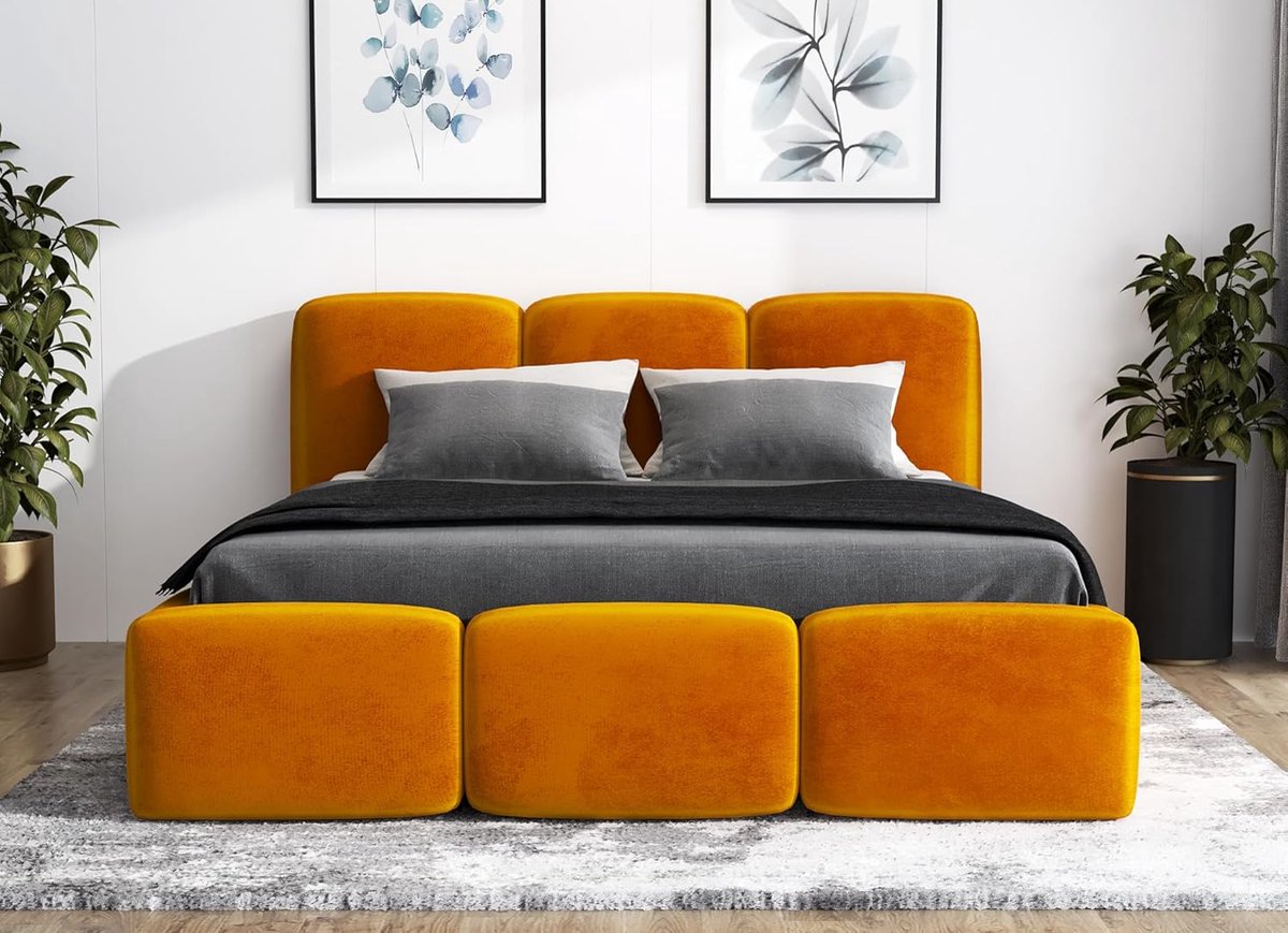 Gestoffeerd Eenpersoonsbed met Opberglade & Lattenbodem 90x200 cm – Modern Bed met Matras – Mosterdgeel – Star Comfort – Pauwhome