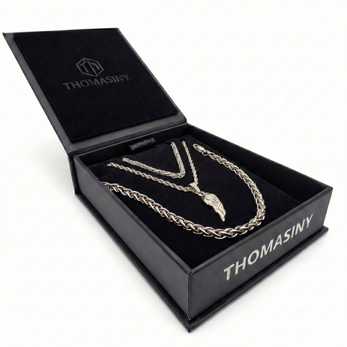 Thomasiny Vleugel Set Zilverkleurig – 3-delige Heren Sieraden Set met Ketting, Armband & Extra Ketting – RVS 316L – Luxe Geschenkverpakking