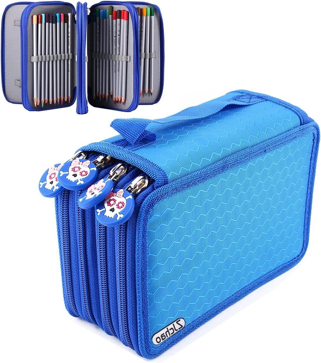 Slot Kleurpotlood Draagtas voor 72 Potloden - Grote Capaciteit - Oxford Materiaal - Leuke Rits - Blauw - Modern Design - Opbergdoos voor Tekenen en Schilderen Benodigdheden.