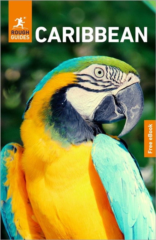 Boek 'Rough Guides Caribbean' met een close-up van een kleurrijke blauwgele ara.