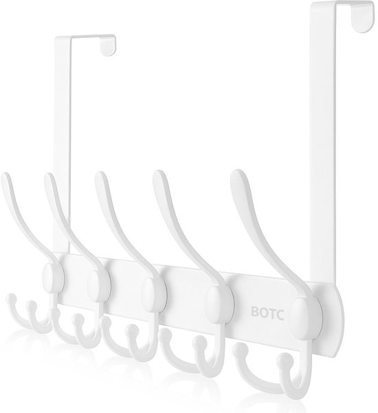 Witte deurkapstok met 5 dubbele haken en het BOTC-logo, geïsoleerd op een witte achtergrond.
