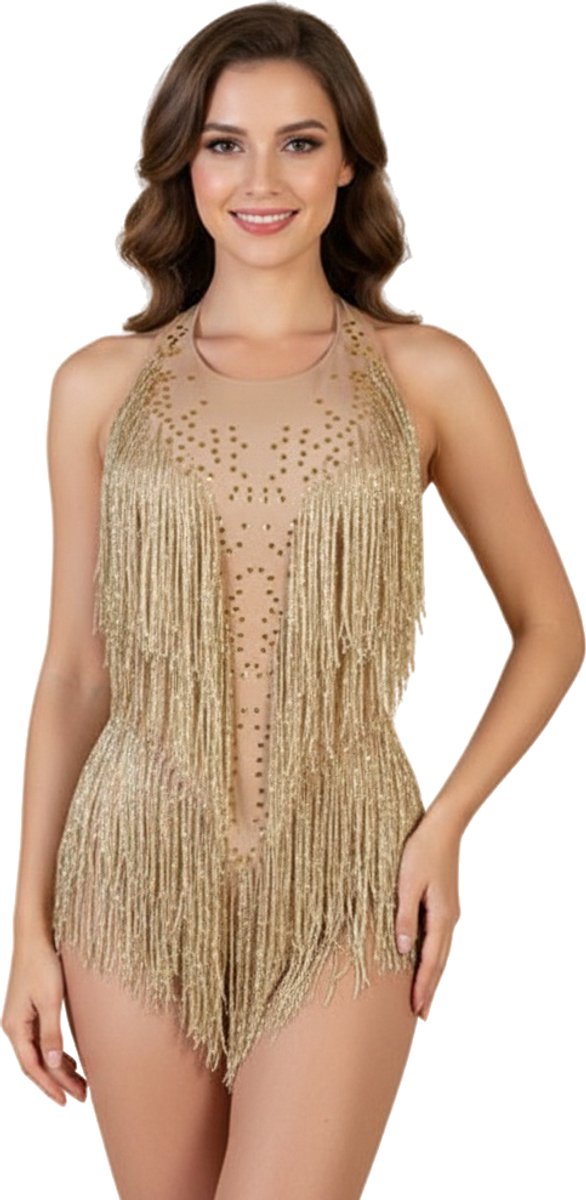 Sexy jumpsuit Champagne Franjes - Festival - Bodysuit - Glitter - Dames - Kwast