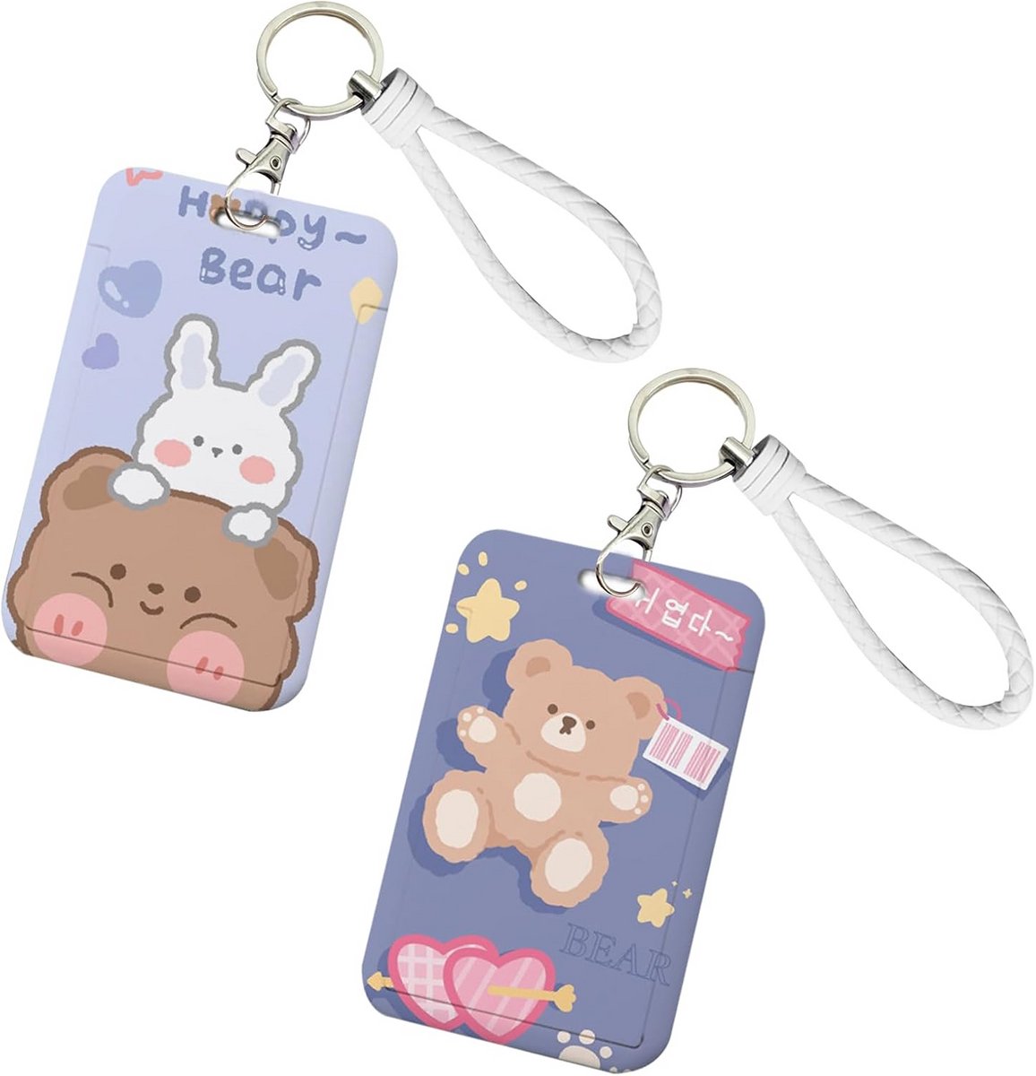 2x Fotokaarthouder Sleutelhanger - ID Badge Houder met Clips & Koord - Leuk Beer & Konijn Ontwerp