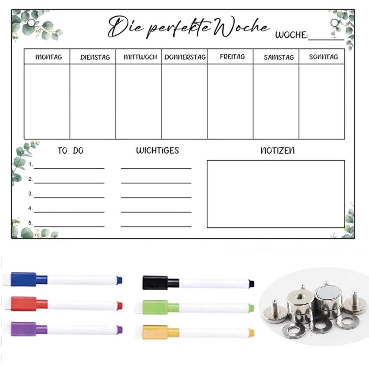 Octav8® Weekplanner Whiteboard - Magnetische Planner - Planbord - Magnetisch 30 x 20 cm met 6 whiteboardstiften - 4 Bevestigingsmagneten en Afstandhouders