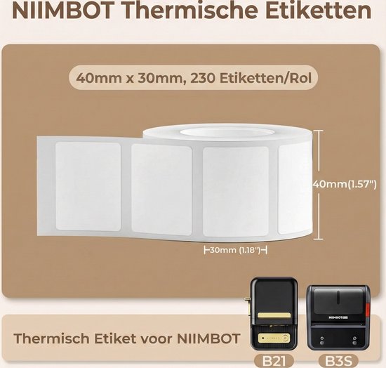 Rol met witte thermische labels van 40x30mm, 230 etiketten/rol, met B21 en B3S printers.