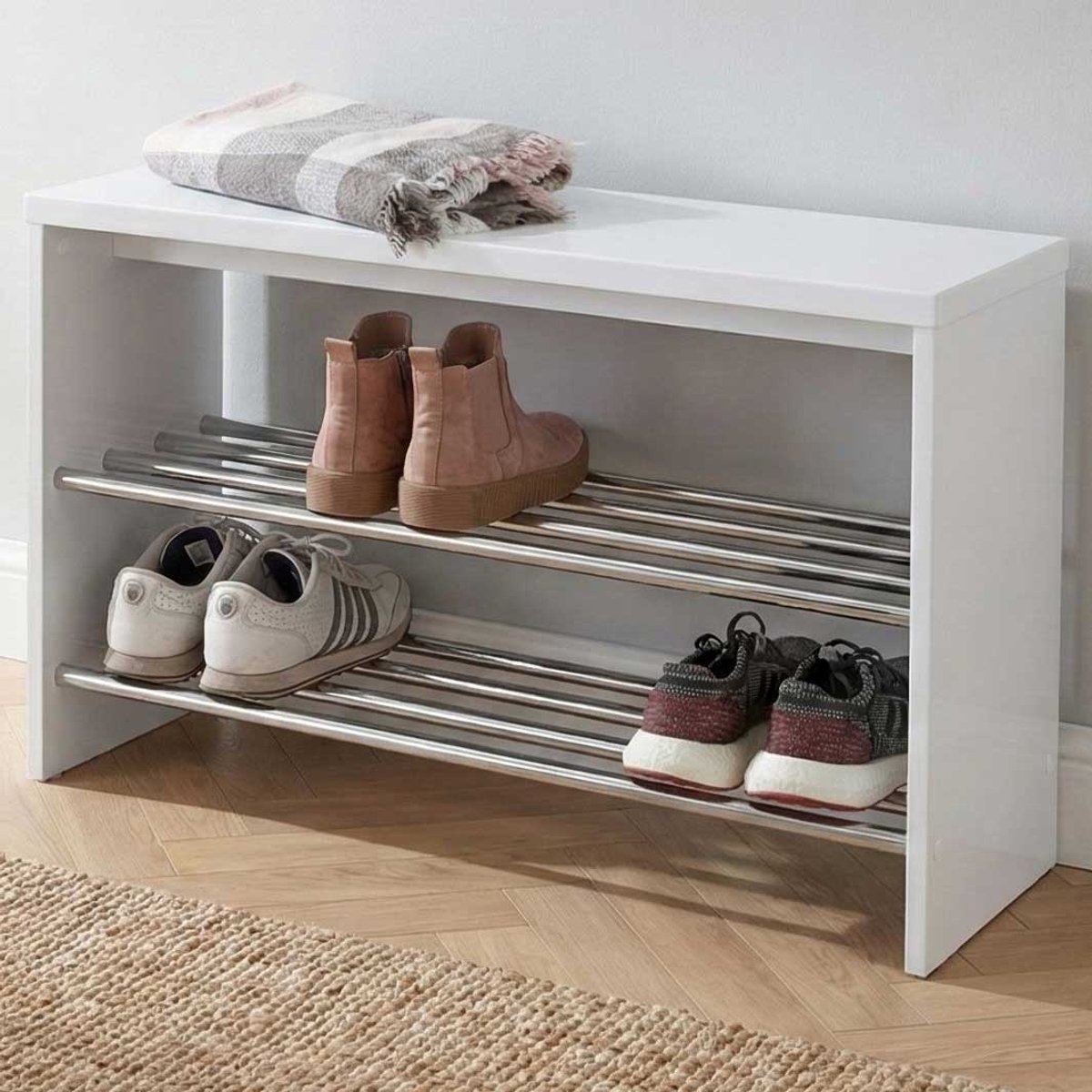 Schoenenrek | 85 Kg Capaciteit | High Gloss White - Haku - Schoenenrek - Wit; Hoogglans Wit - MDF; Metaal