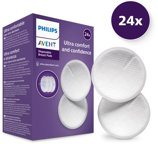Philips Avent verpakking met 24 Disposable Breast Pads. Toont de compressen en informatie over 'Ultra comfort and confidence'.