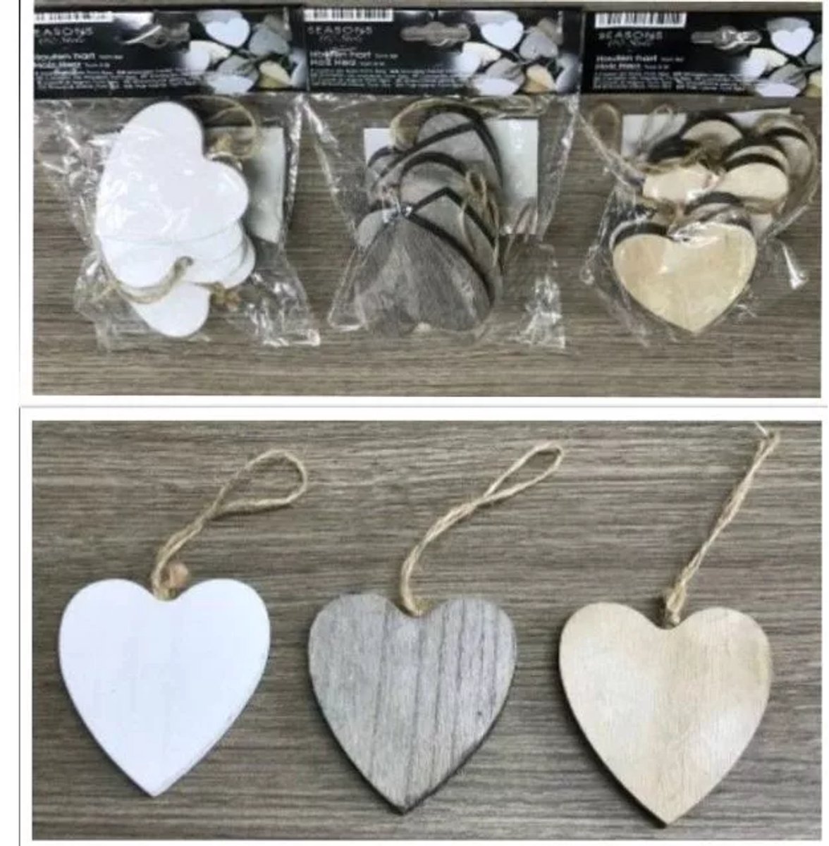 Seasons & Style - Houten Hart Hangers - Set van 15 - Met Touw - Wit - Licht Bruin - Verweerd Grijs Bruin - 6,5 x 7 cm en 7 mm dik