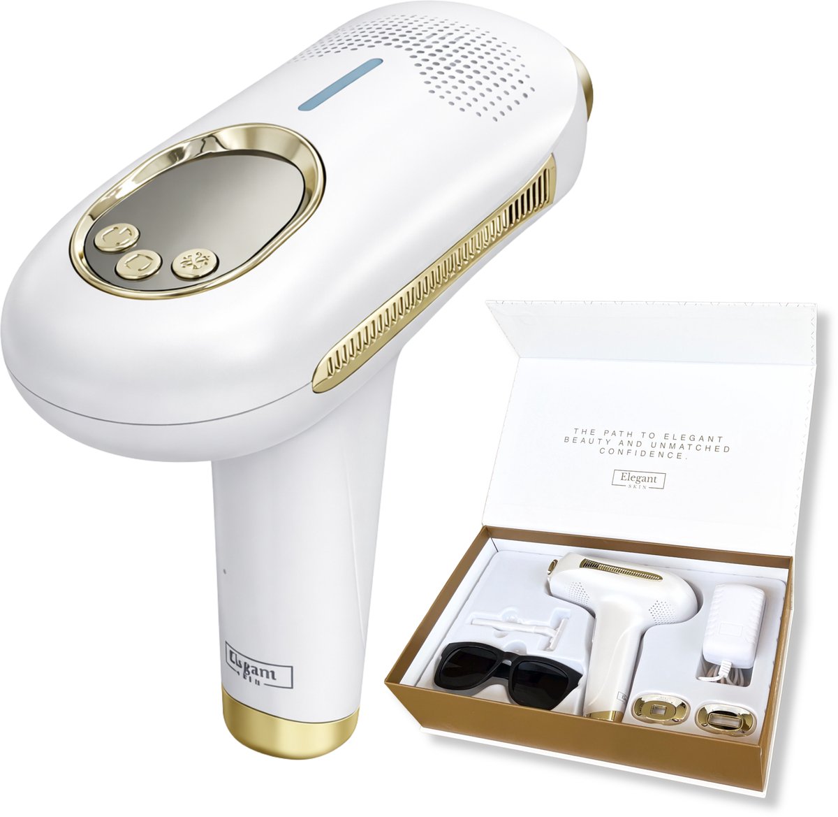 ElegantSkin IPL Elite - Laser Ontharingsapparaat - Voor Mannen en Vrouwen - 9 Verschillende Standen - IPL Ontharingsapparaten - Ontharen voor Thuis - Verschillende Opzetstukken - Ice-coolfunctie - Beschermbril – Scheermes - Langdurig Haarvrij
