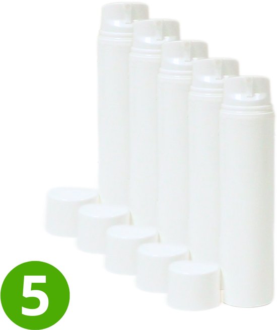5x Plastic Airless Pompfles 150 ml - Wit - Met witte dop - DMD - Pompspuit - Basic Round - Plastic PP - Cosmetica Reisflesjes - Plastic Flessen Navulbaar - Shampoo Dispenser Airless Pomp - Lege Luchtloze PompFlesjes - Zeep Pomp - Lekvrij - Hervulbaar