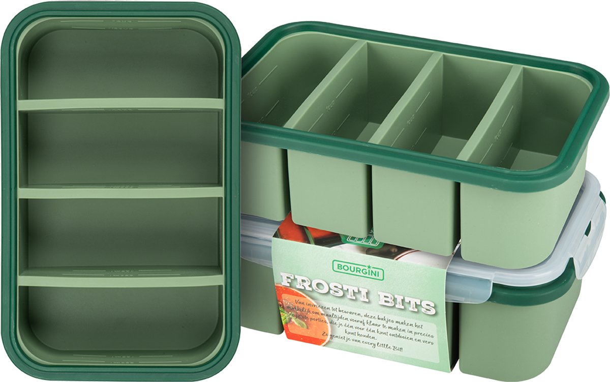 Bourgini Frosti Bits – Diepvriesbakjes set – 3 Siliconen Meal Prep Bakjes – 4 Vakken per Bakje (4 x 300ml) – Voordeelset – Lekvrij – BPA-vrij