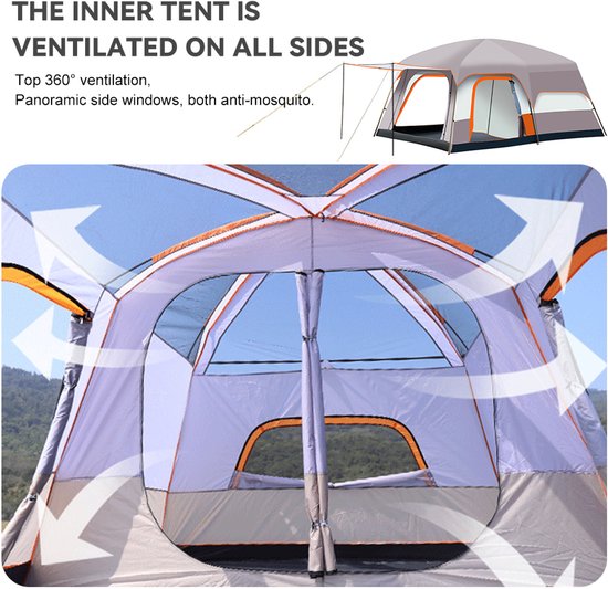 Familiecampingtent - voor droog weer, 410x305x200cm - zonwerend, niet waterdicht - voor 8-12 pers. - beige — afbeelding 4