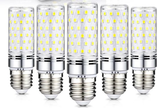 Vijf heldere, spiraalvormige LED-lampen met een E27 schroeffitting en koelwit licht.