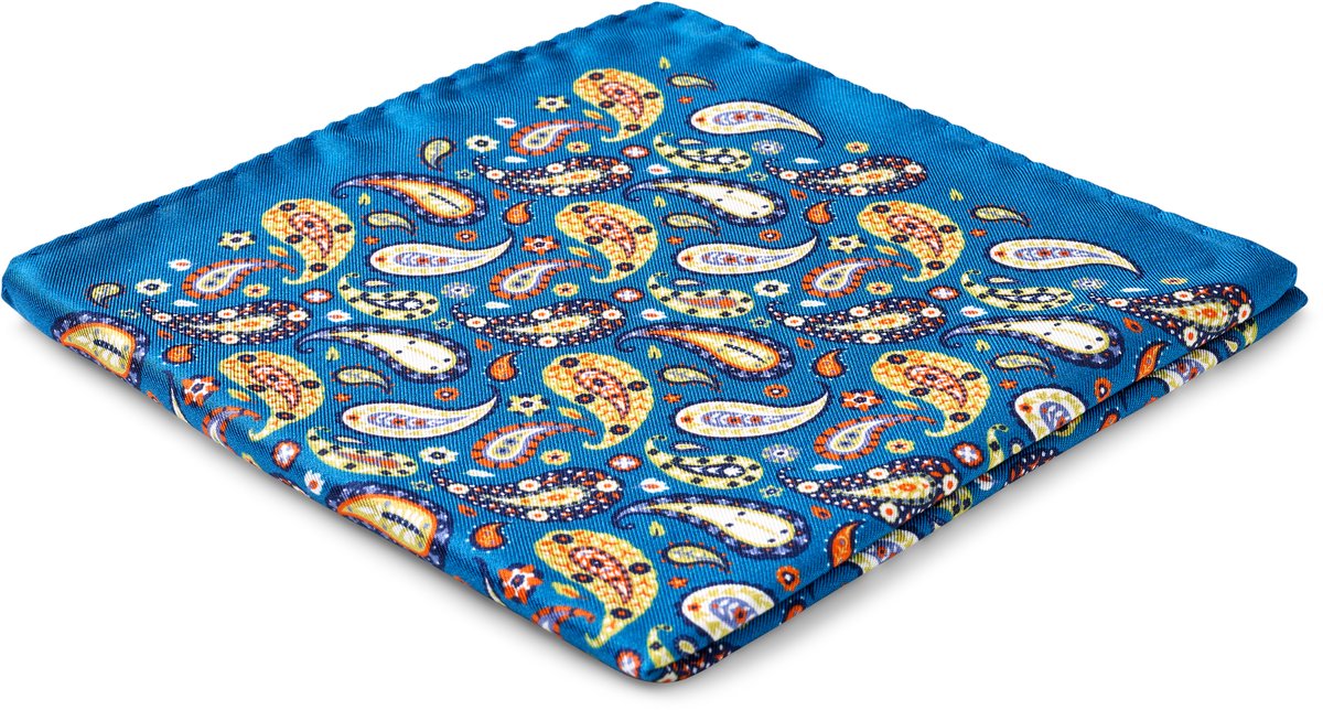 Virtuo | Blauwe en gele zijden pochet met paisleymotief