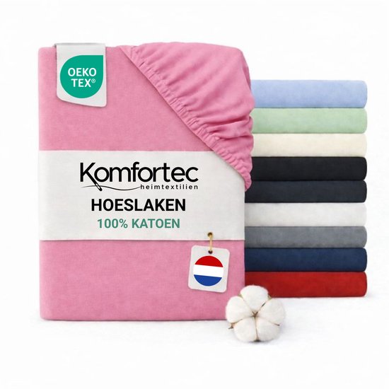 Komfortec Jersey Stretch Hoeslaken 140x200 cm - 23cm Matrasdikte- Rondom Elastiek - 100% Katoen - Roze