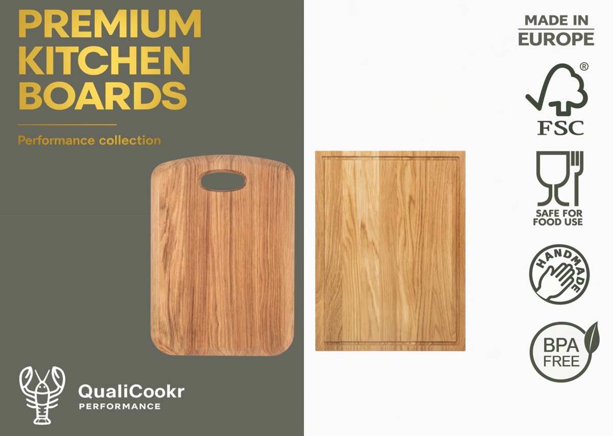 QualiCookr | Eiken Serveerboard (excl. houder) 350x250x20MM + 340x240x20MM | Borrelplank | Kaasplank | Tapasplank | Serveerplank | Hapjesplank | Snijplank