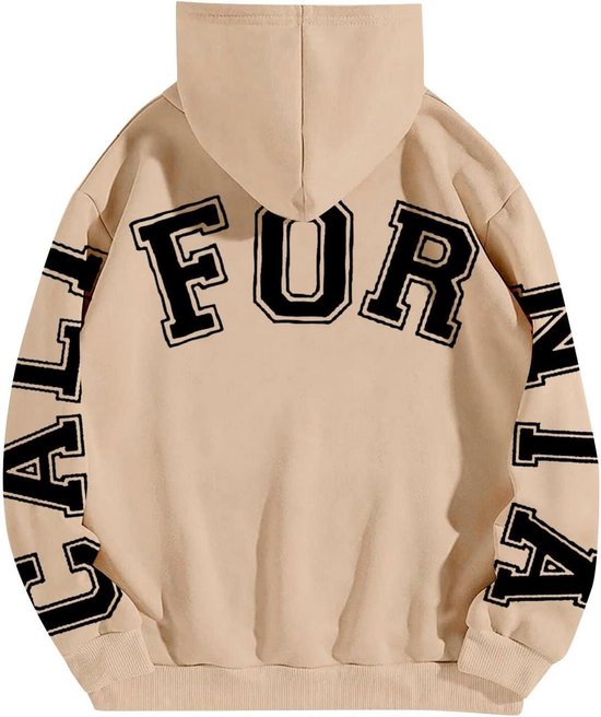 Beige hoodie met zwarte letters op de rug: 'FUR'.