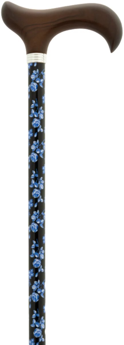 Garcia 1880 Verstelbare wandelstok - Zwart met blauwe bloemen - Verstelbaar van 76 tot 99 cm - Aluminium - Derby handvat - Wandelstok vrouwen en mannen - 100 kilo belasting