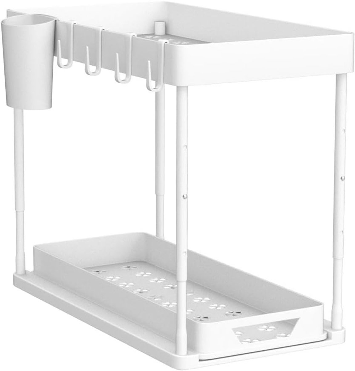 Famanu – Onder de gootsteen plank keuken organizer 2-laags lade met 4 haken - 8 antislip pads en 1 hangende bekeropslag - hefbare kast (wit)