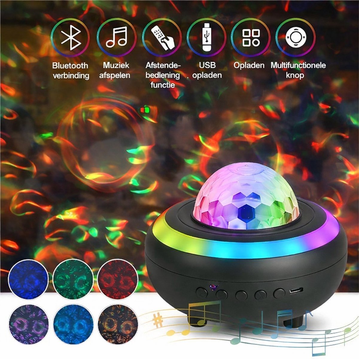 Bluetooth Sterrenprojector Disco Lamp – RGB LED Projector met Muziek, Afstandsbediening en USB Opladen – Zwart