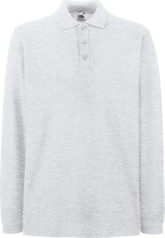 Lichtgrijs gemêleerd Fruit of the Loom poloshirt met lange mouwen en knoopsluiting.