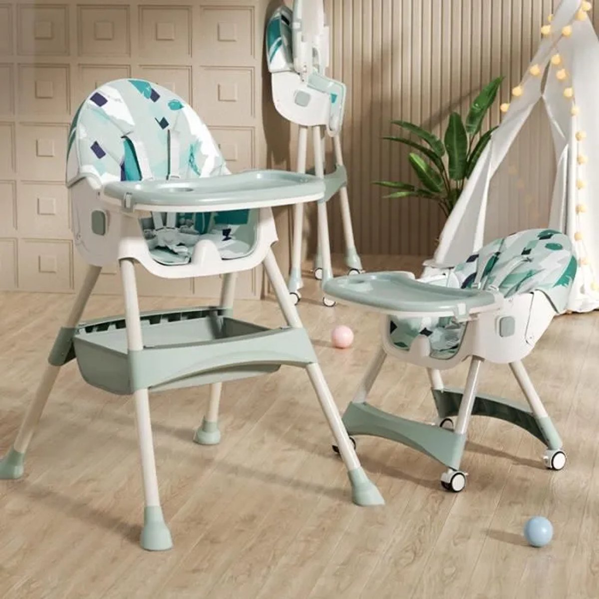 Kinderstoel voor baby/kind-Verstelbare hoogte met 5 puntsgordel-3 in1 Babystoel op wieltjes-Afneembaar blad - Groen