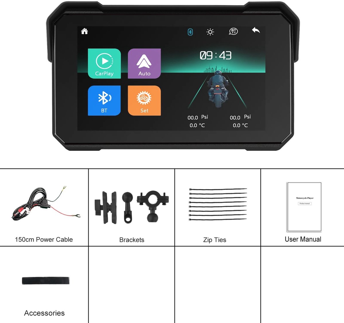 D&A Carplay - Carplay scherm - Motor - Draagbaar - Waterdicht - Android - GPS - Navigatie - Bluetooth - Automatisch verbinden