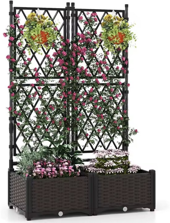Zelfbewaterende Plantenbak met Trellis - 80x40x126 cm - Verrijdbare Bloembak met Klimrek - Antraciet Rotan Look - Voor Buiten, Balkon & Terras