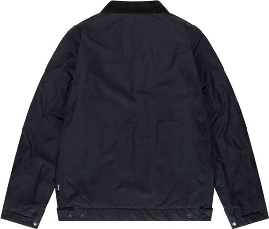 Donkerblauwe jas van Vintage Industries, van de achterkant gezien, met corduroy kraag.