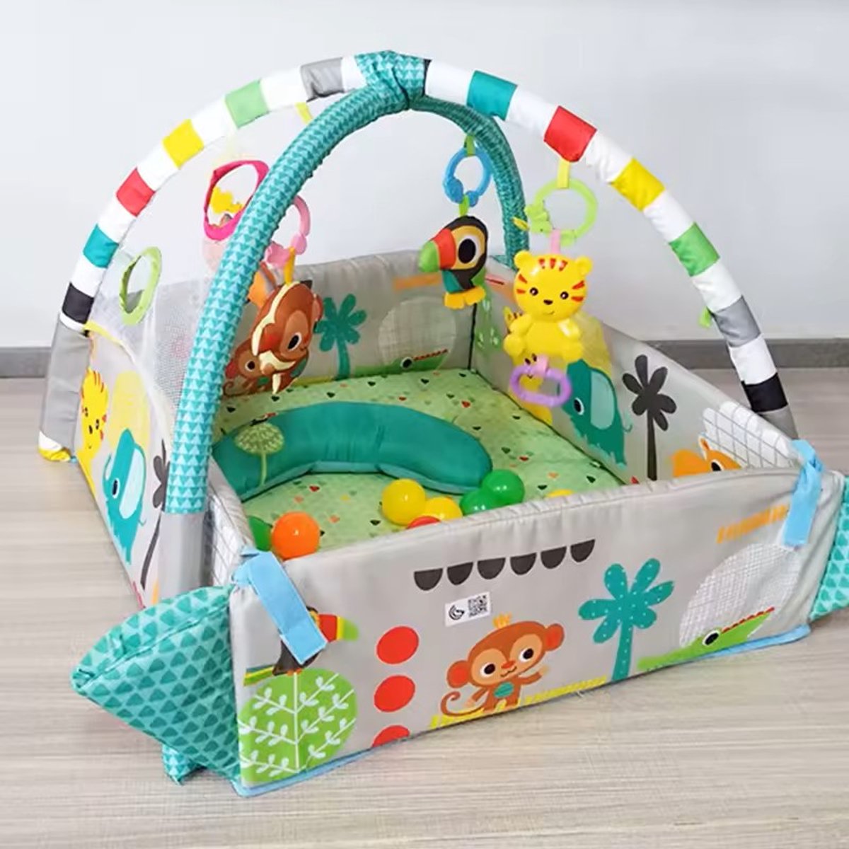 Multifunctioneel Speelkleed Baby + Buikligtrainer - Babygym met AANPASBARE WANDEN - Speelmat met Boog - Incl. 20 Ballen + 5 Speeltjes - Vanaf 0m+ — afbeelding 8