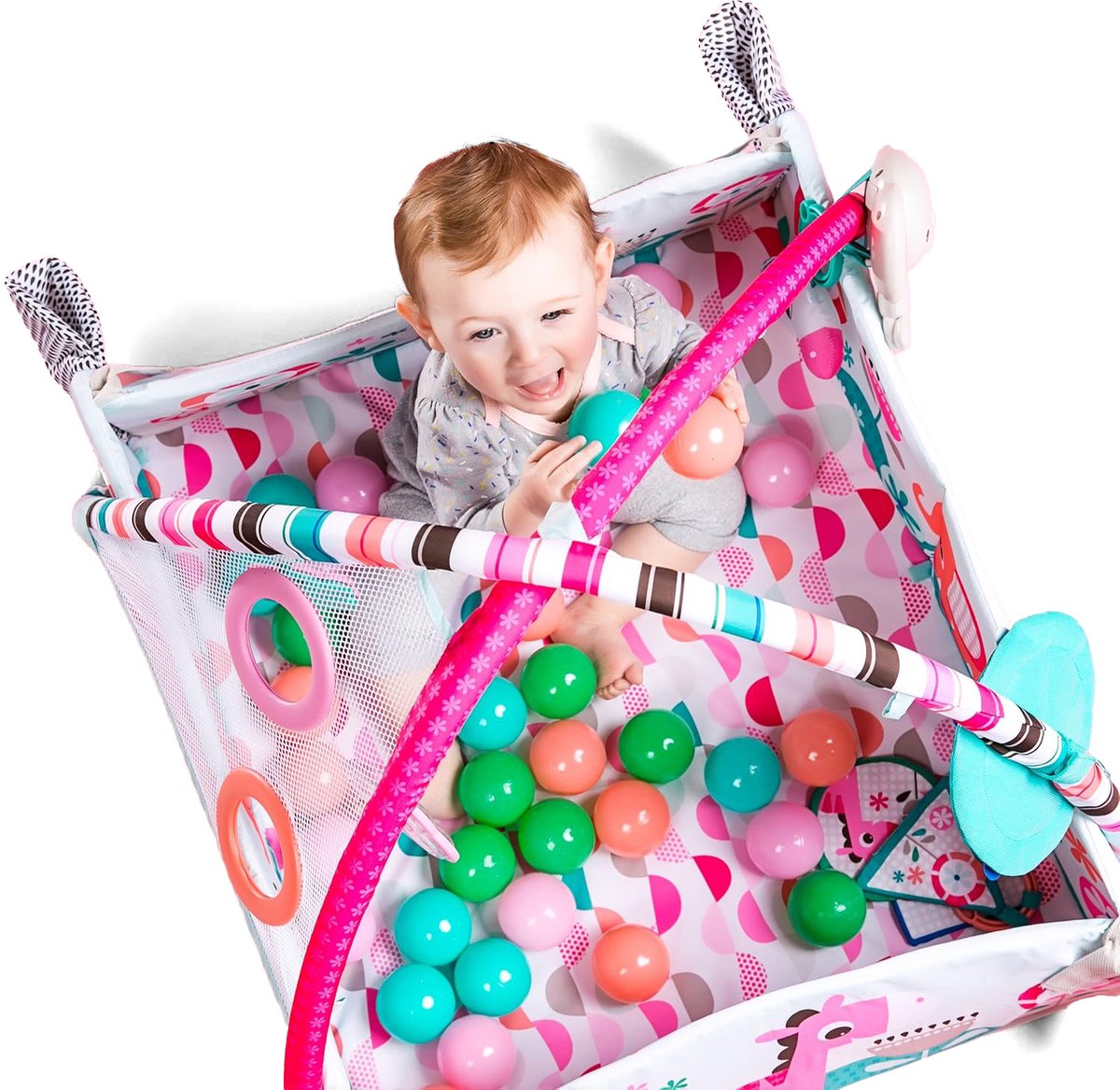 Multifunctioneel Speelkleed Baby + Buikligtrainer - Babygym met AANPASBARE WANDEN - Speelmat met Boog - Incl. 20 Ballen + 5 Speeltjes - Vanaf 0m+ — afbeelding 3