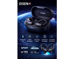 Eisenz EZ-6 Sport TWS Bluetooth Oordopjes – Draadloze Headset met Oorhaak – Bluetooth 5.3 – 5 Uur Speeltijd – Type-C Oplaadcase – Zwart