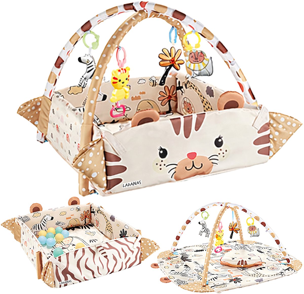 Multifunctioneel Speelkleed Baby + Buikligtrainer - Babygym met AANPASBARE WANDEN - Speelmat met Boog - 4 Speeltjes - Vanaf 0m+