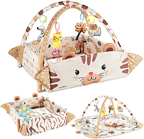 Multifunctioneel Speelkleed Baby + Buikligtrainer - Babygym met AANPASBARE WANDEN - Speelmat met Boog - 4 Speeltjes - Vanaf 0m+