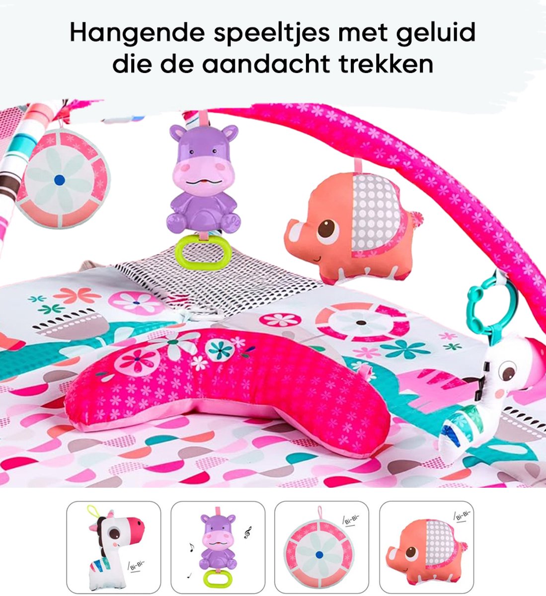 Multifunctioneel Speelkleed Baby + Buikligtrainer - Babygym met AANPASBARE WANDEN - Speelmat met Boog - Incl. 20 Ballen + 5 Speeltjes - Vanaf 0m+ — afbeelding 7