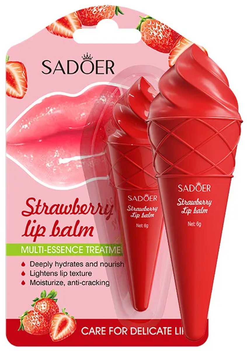 SADOER Lippenbalsem | Strawberry Lip Balm | Hydraterende Lippenbalsem | Lip Masker | Lip Plumper | Droge Lippen | Anti Kloof | Lippenverzorging | Glossy Lip Balm | Voedende Lipstick | Lippenbalsum | Lip Olie | Hydraterend |Vitamine E| Soft ijsje Vorm