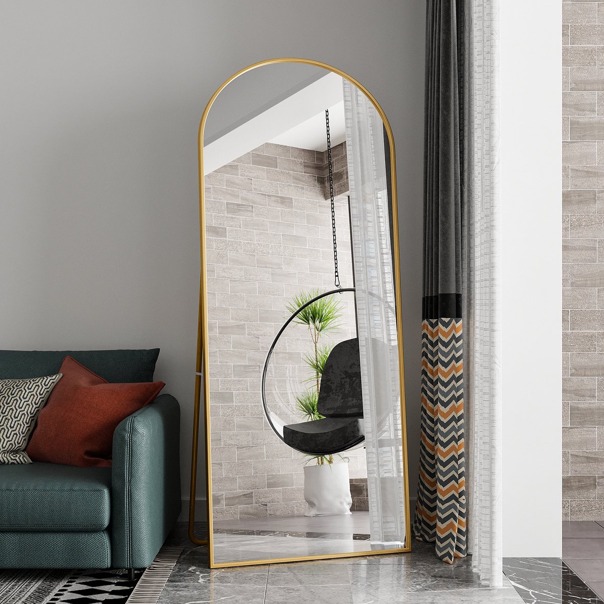 Gebogen staande spiegel 180x80 cm, met verstelbare standaard, gouden aluminium frame, hangend of staand, voor slaapkamer, woonkamer of garderobe