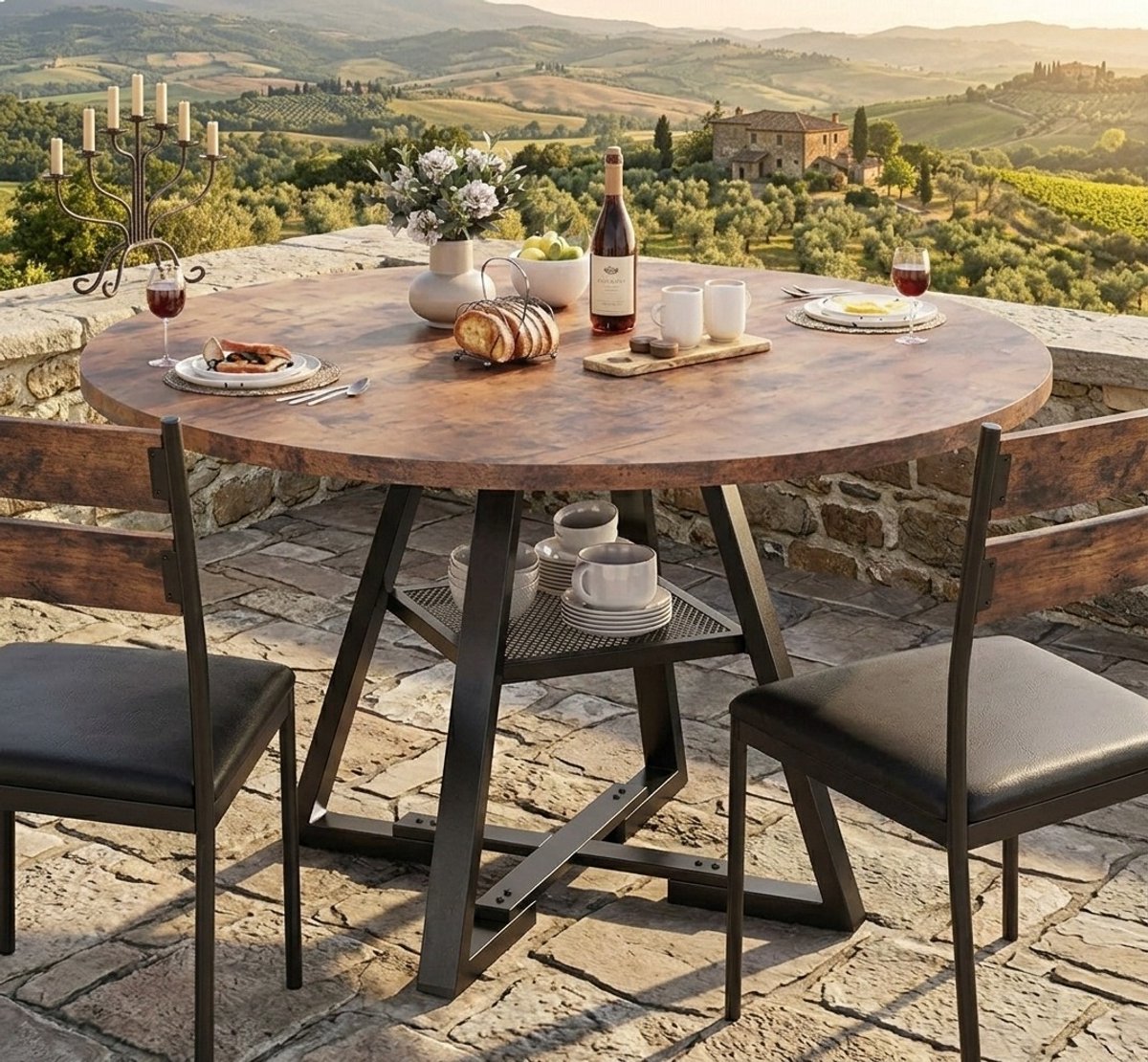 Ronde eettafel SELMA Ø110 cm - Donker Houten Tafelblad met Zwart Metalen Onderstel - Moderne Scandinavische eettafel voor 4 personen - Keuken & Woonkamer Casa Serena – 110 cm – Casa Dorada