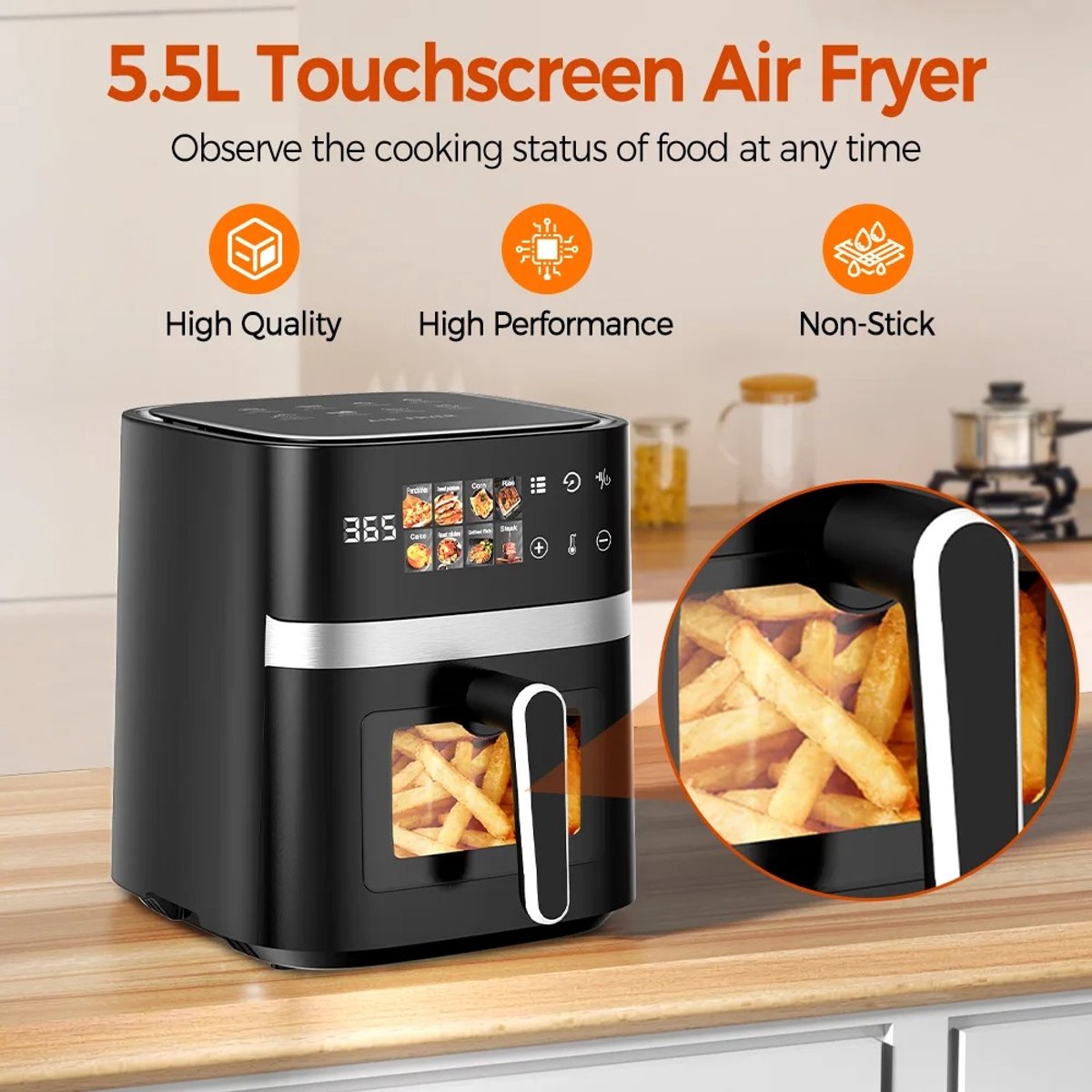 MIAAD airfryer - Heteluchtfriteuse - Met touchscreen - 8-in-1 multifunctioneel systeem waarmee je kunt frituren, bakken, grillen, roosteren, opwarmen en meer – met tot wel 80% minder vet dan traditioneel frituren.