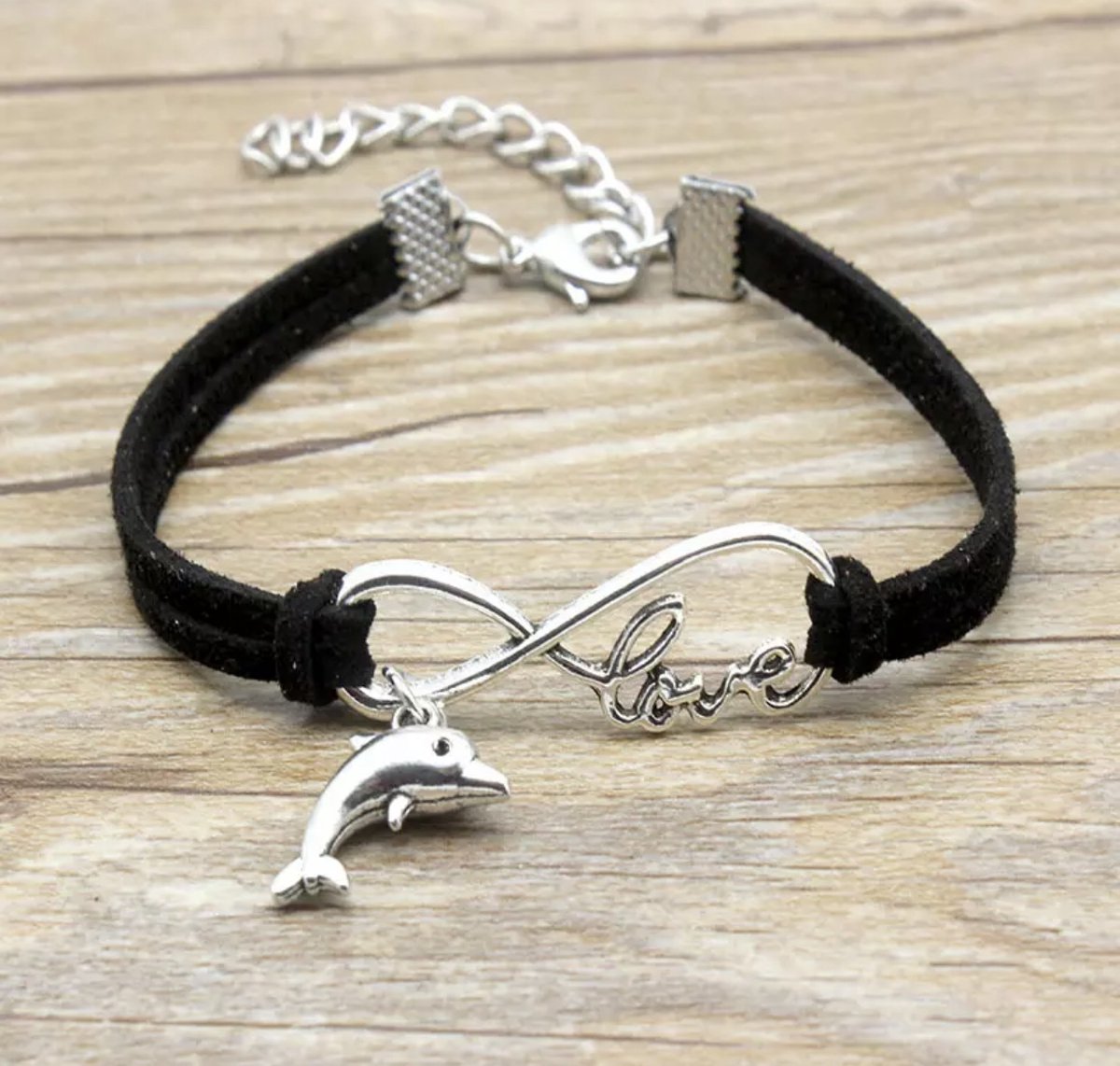12Getit Armbandje zwart met dolfijn en infinity Love hangertje