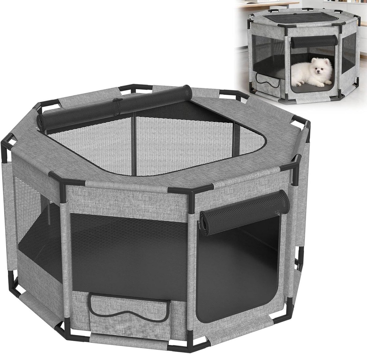 Aufun opvouwbare puppyuitloop – 114 x 114 x 60 cm – grijs – maat L – achthoekig – ademend net met ritssluiting – PVC-frame – voor binnen en buiten